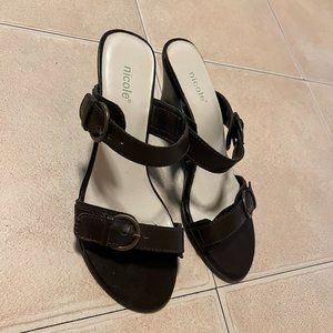 Nicole Brown Backless Wedge - Leather - 8.5